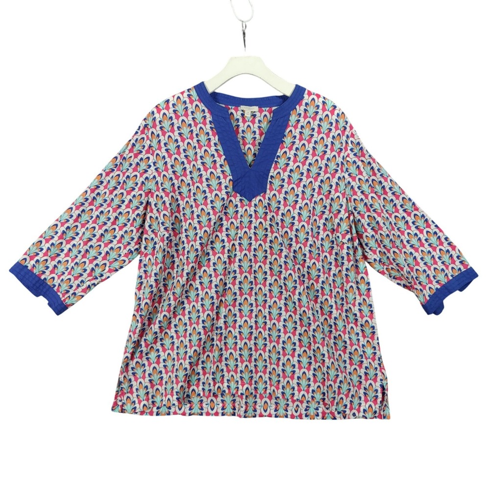 Talbots Womens Preppy Coastal Mod Art Deco Tunic Top 2X Blouse Pink Blue Cotton
